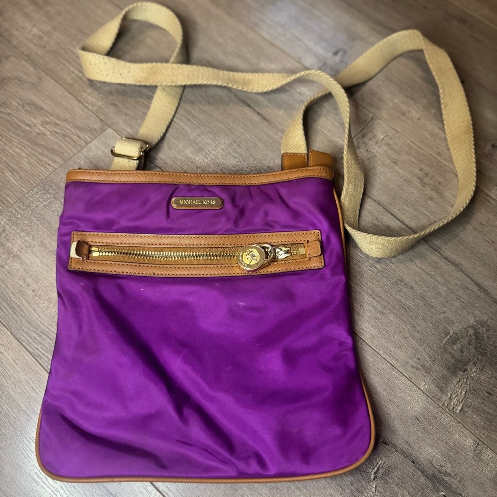 Michael Kors Nylon Crossbody Bag – Purple with Tan Leather Trim